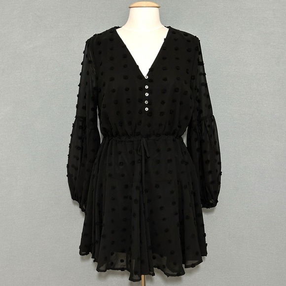 Entro Womens Dress L Black Puff Dot Sheer Chiffon Ruffle Whimsigoth Fairy Grunge - Picture 1 of 14